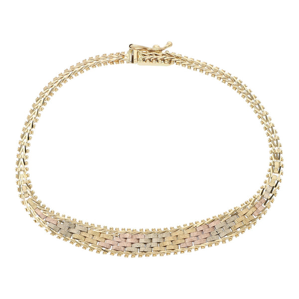 Pulsera eslabón boleado en oro tres tonos 14 kilates.