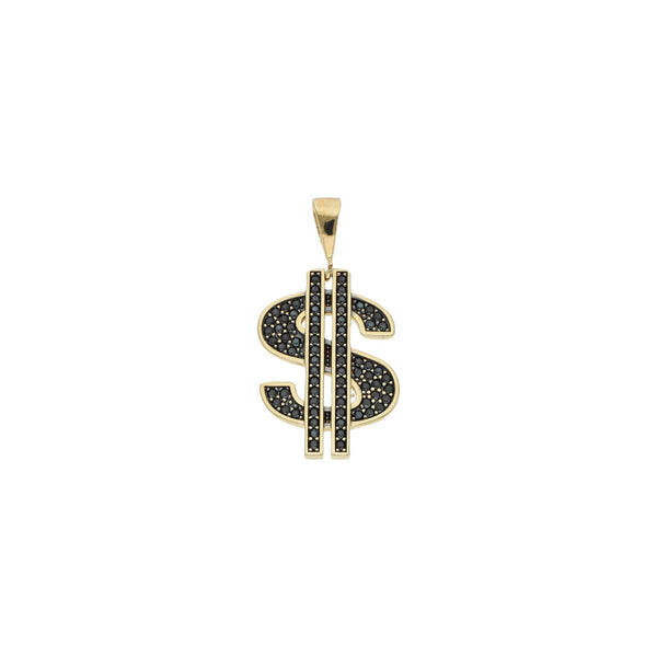 Dije diseño especial motivo signo de dollar con sintéticos en oro amarillo 14 kilates.