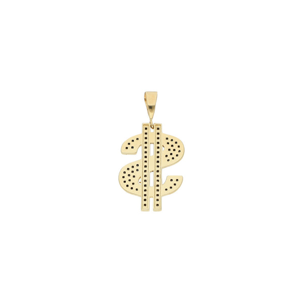 Dije diseño especial motivo signo de dollar con sintéticos en oro amarillo 14 kilates.