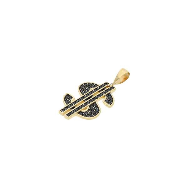 Dije diseño especial motivo signo de dollar con sintéticos en oro amarillo 14 kilates.