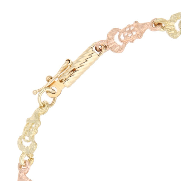 Pulsera eslabón articulado motivo payasos en oro tres tonos 14 kilates.
