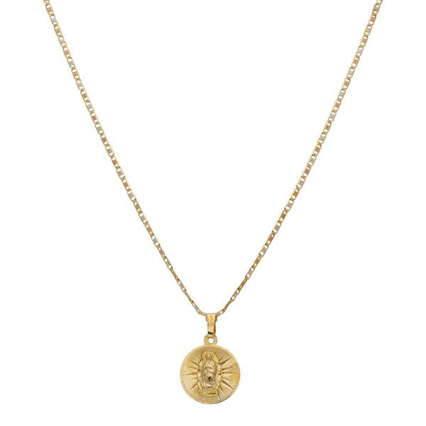 Collar eslabón nudo marino y medalla diseño especial motivo Virgen de Guadalupe en oro amarillo 14 kilates.