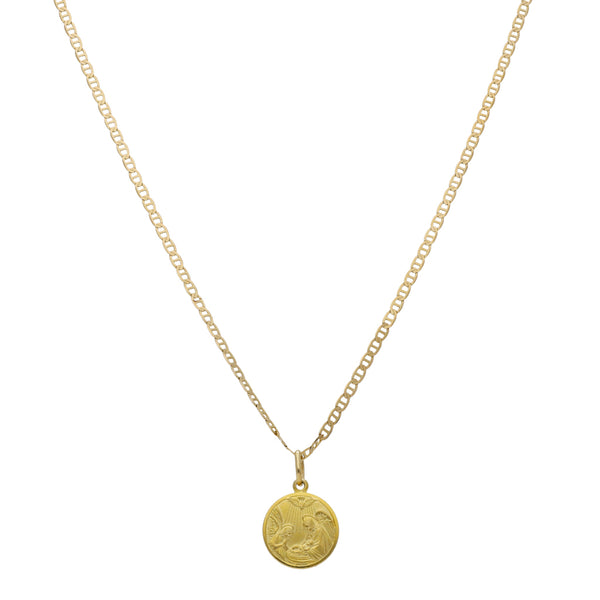 Collar infantil eslabón nudo marino y medalla troquelada motivo bautizo en oro amarillo 14 kilates.