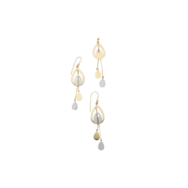 Juego de Dije y aretes estilizados platinados en oro amarillo 14 kilates.