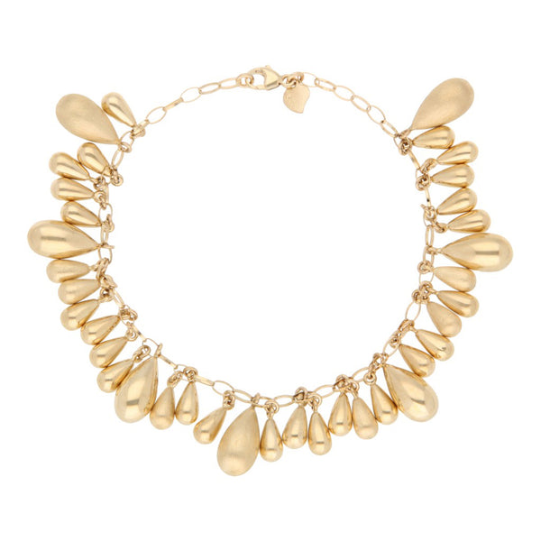 Pulsera eslabón cruzado con colgantes motivo gota en oro amarillo 14 kilates.
