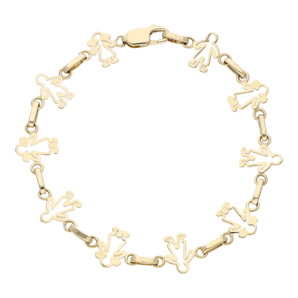 Pulsera eslabón combinado motivo niños en oro amarillo 14 kilates.