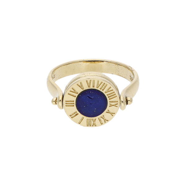 Anillo diseño especial con lapislázuli y onix en oro amarillo 14 kilates.
