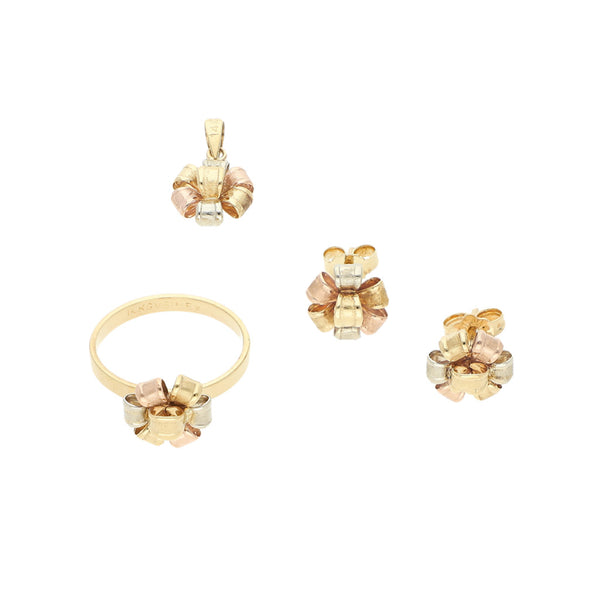 Juego de anillo, dije y broqueles diseño especial motivo moño en oro tres tonos 14 kilates.