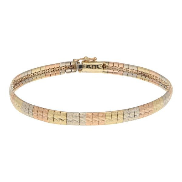 Pulsera eslabón laminado en oro tres tonos 14 kilates.
