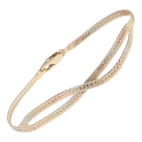 Pulsera eslabón planchado en oro tres tonos 14 kilates.
