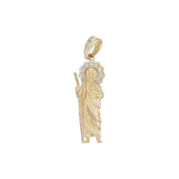 Dije diseño especial motivo san Judas con sintéticos en oro amarillo 14 kilates.