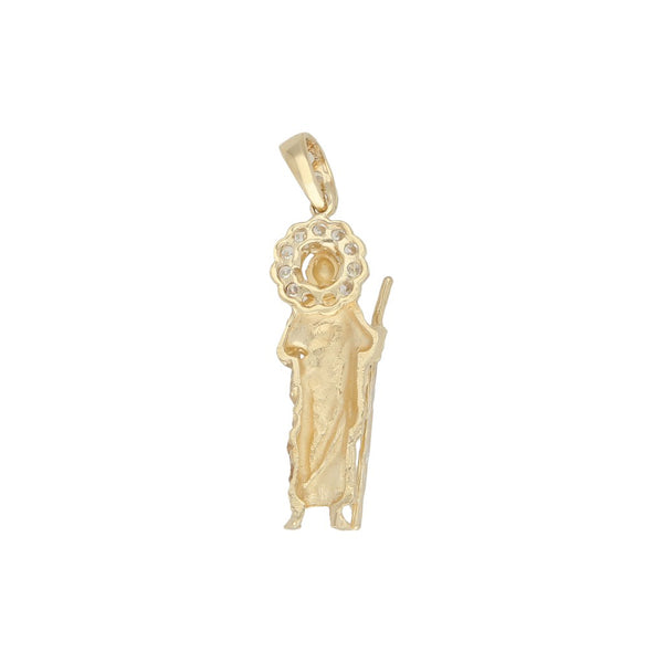 Dije diseño especial motivo san Judas con sintéticos en oro amarillo 14 kilates.