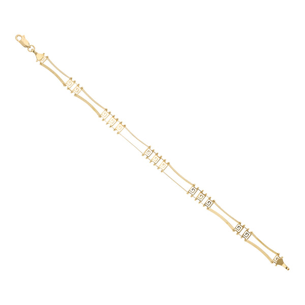 Pulsera eslabón articulado motivo grecas en oro amarillo 14 kilates.