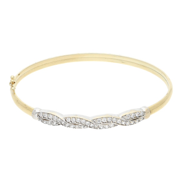 Pulsera de arillo lisa con aplicación y sintéticos en oro dos tonos 14 kilates.