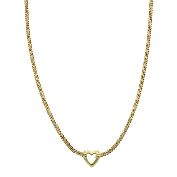 Gargantilla eslabón boleado con aplicación motivo corazón en oro amarillo 14 kilates.