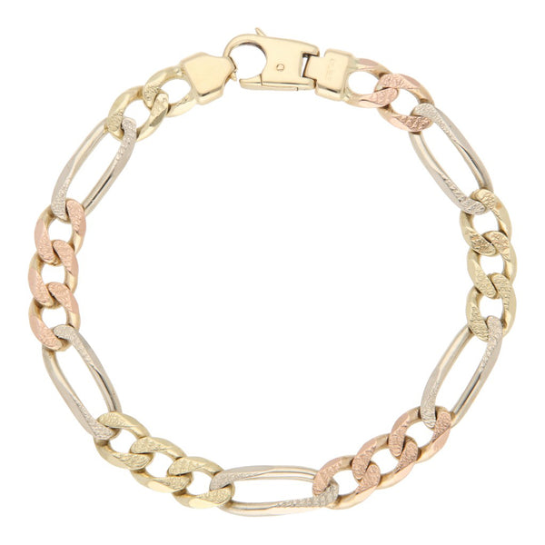 Pulsera de tres eslabones por uno en oro tres tonos 14 kilates.