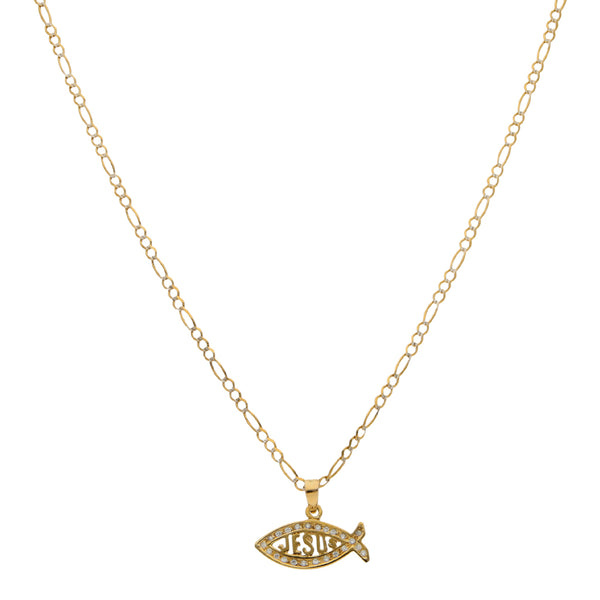 Juego de collar de tres eslabones por uno platinado y dije diseño especial motivo pescado con sintéticos en oro amarillo 14 kilates.