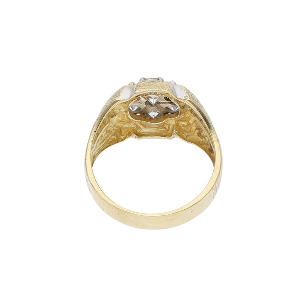 Anillo labrado con circonias en oro dos tonos 14 kilates.