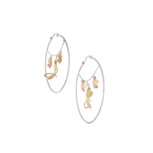 Arracadas diseño especial motivo flor y mariposa en oro tres tonos 14 kilates.