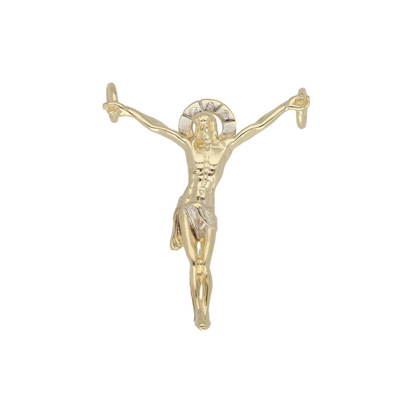 Crucifijo diseño especial con circonias en oro amarillo 14 kilates.