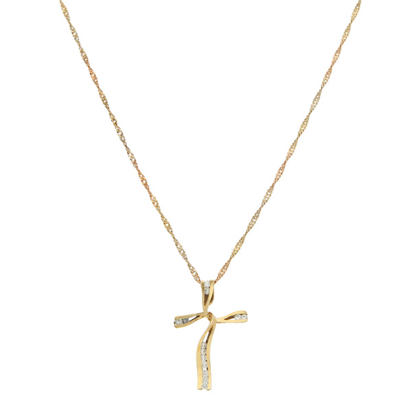 Collar eslabón torzal y cruz diseño especial con circonias en oro tres tonos 14 kilates.