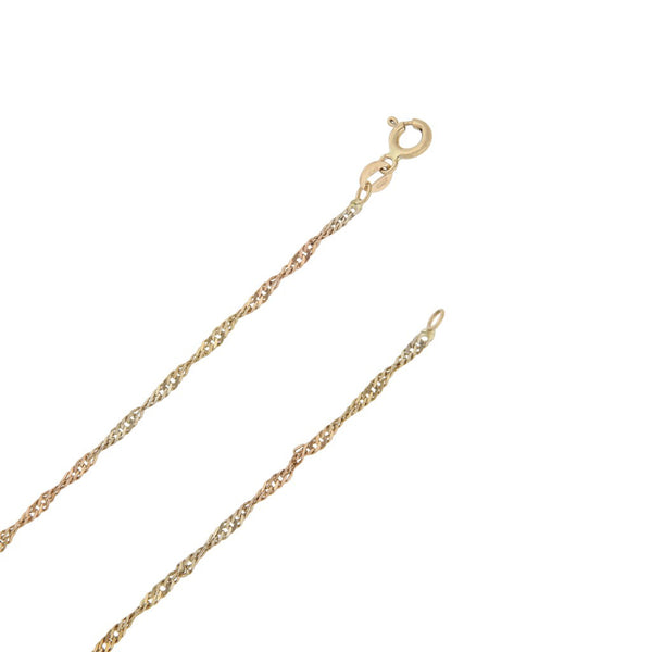 Collar eslabón torzal y cruz diseño especial con circonias en oro tres tonos 14 kilates.