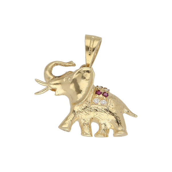 Dije labrado motivo elefante con sintéticos en oro amarillo 12 kilates.