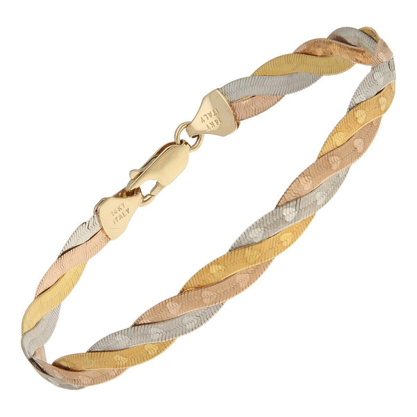 Pulsera de tres hilos eslabón planchado en oro tres tonos 14 kilates.
