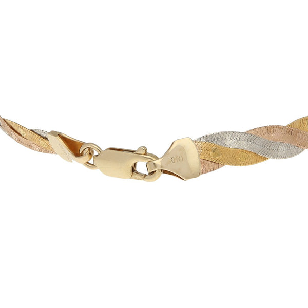 Pulsera de tres hilos eslabón planchado en oro tres tonos 14 kilates.