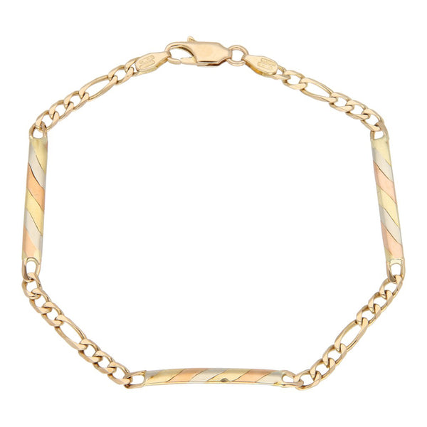 Pulsera eslabón combinado en oro tres tonos 14 kilates.