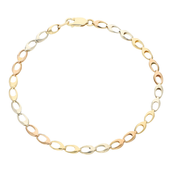 Pulsera eslabón laminado en oro tres tonos 14 kilates.