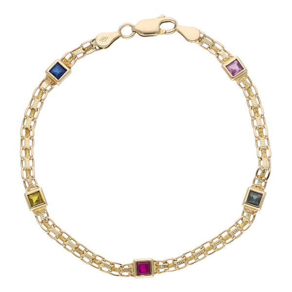 Pulsera eslabón calado con aplicaciones de sintéticos en oro amarillo 14 kilates.