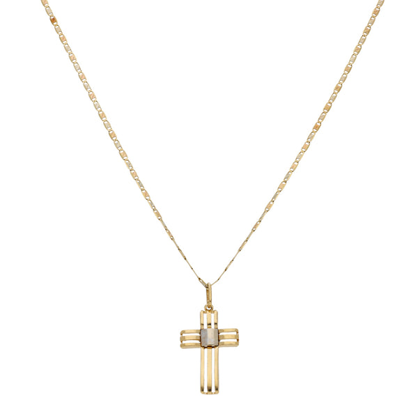Gargantilla eslabón nudo marino y cruz diseño especial en oro tres tonos 14 kilates.