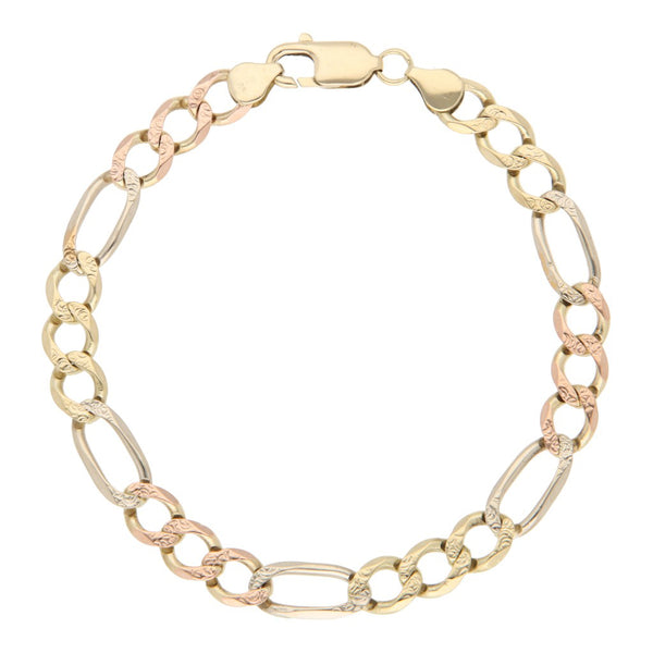 Pulsera de tres eslabones por uno en oro tres tonos 14 kilates.