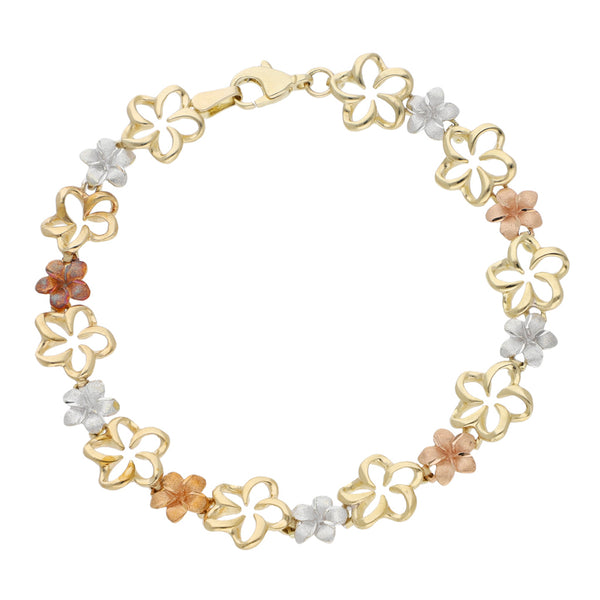 Pulsera eslabón articulado motivo flor en oro tres tonos 14 kilates.