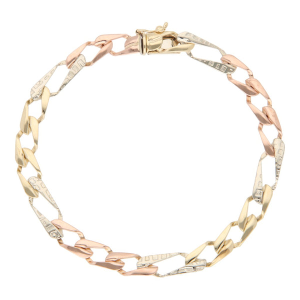 Pulsera de tres eslabones por uno en oro tres tonos 14 kilates.