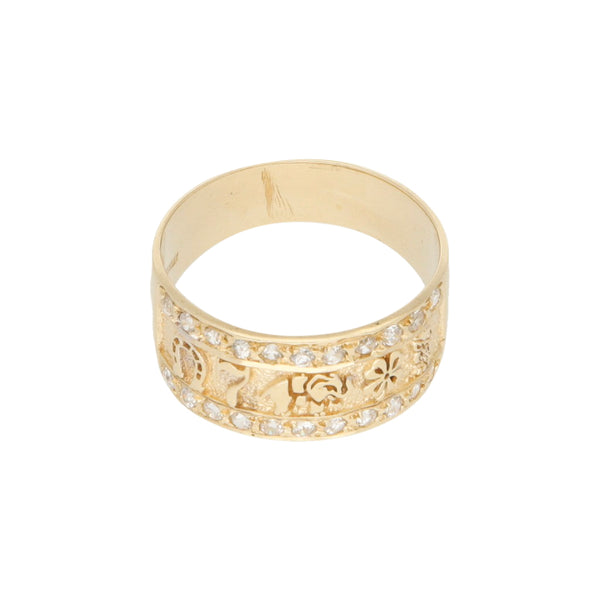 Anillo diseño especial con sintéticos en oro amarillo 14 kilates.