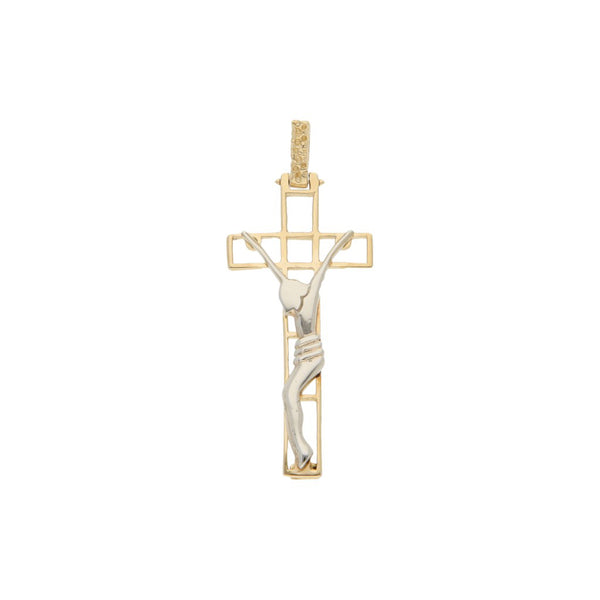 Crucifijo diseño especial en oro dos tonos 14 kilates.