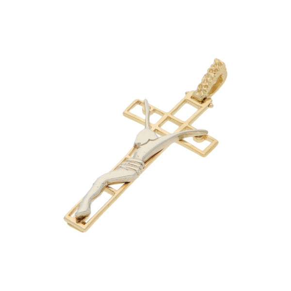 Crucifijo diseño especial en oro dos tonos 14 kilates.