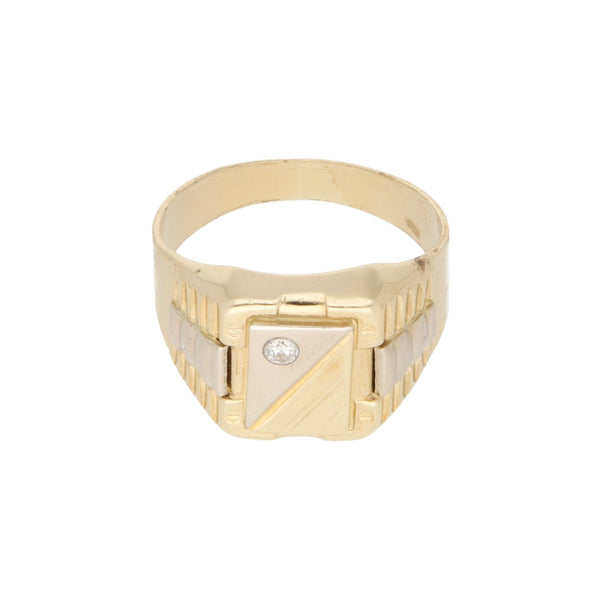 Anillo tipo sello con circonia en oro amarillo 14 kilates.