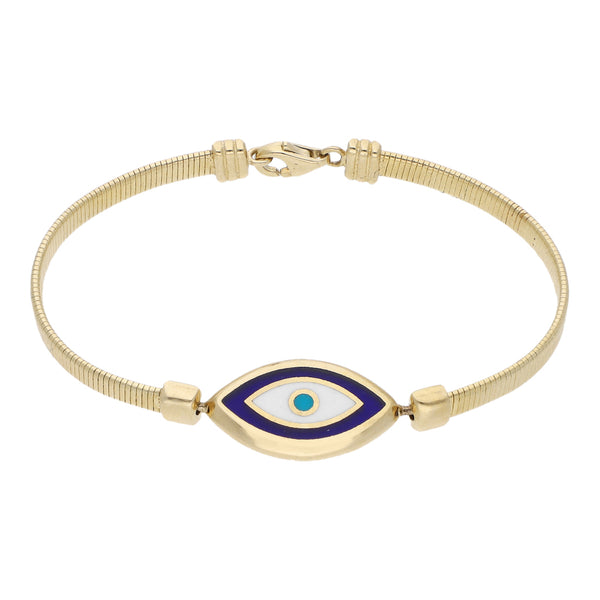 Pulsera infantil eslabón laminado con aplicación motivo ojo y esmalte en oro amarillo 14 kilates.