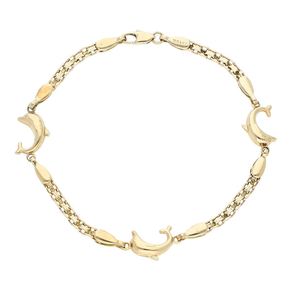 Pulsera eslabón tejido con aplicaciones motivo delfín en oro amarillo 14 kilates.