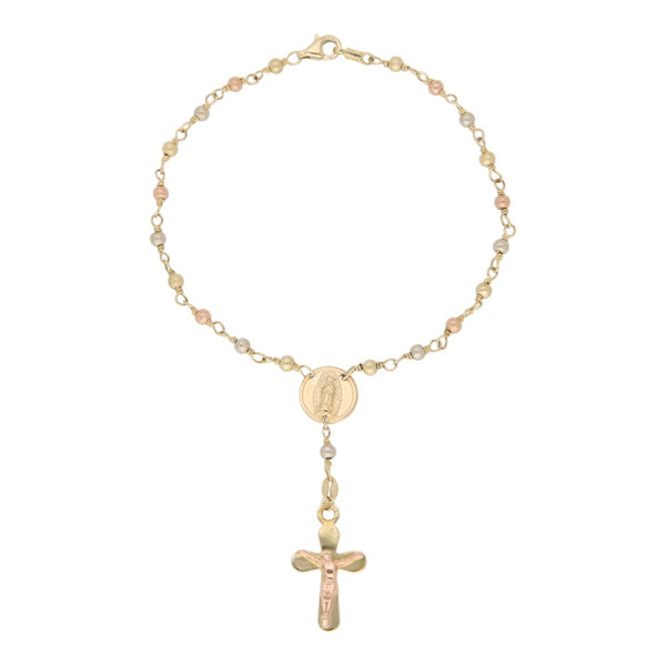 Pulsera tipo rosario eslabón cruzado en oro tres tonos 14 kilates.
