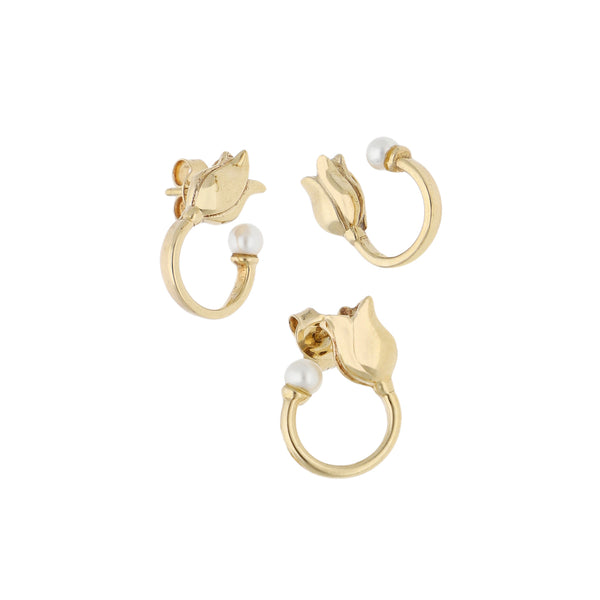 Juego de dije y broqueles diseño especial motivo flor con perla en oro amarillo 14 kilates.