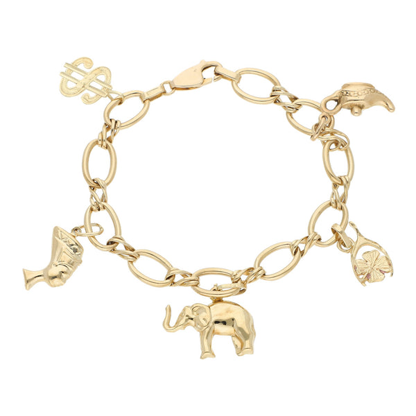 Pulsera eslabón combinado con colgantes motivo figuras diferentes en oro amarillo 14 kilates.