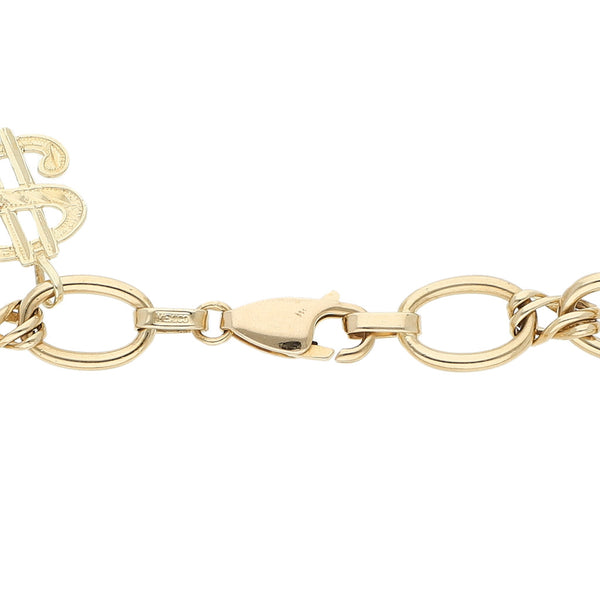 Pulsera eslabón combinado con colgantes motivo figuras diferentes en oro amarillo 14 kilates.