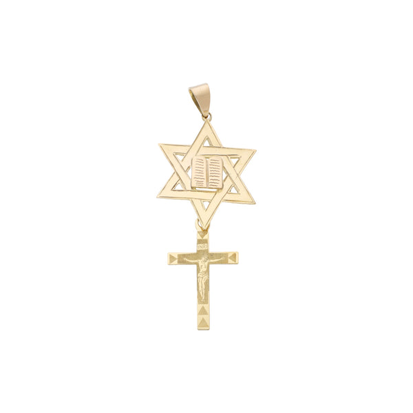 Dije diseño especial motivo estrella y crucifijo en oro amarillo 14 kilates.