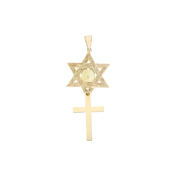 Dije diseño especial motivo estrella y crucifijo en oro amarillo 14 kilates.