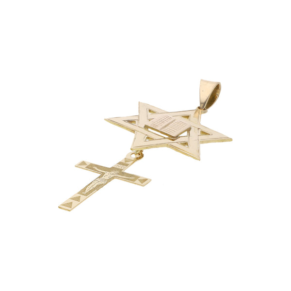 Dije diseño especial motivo estrella y crucifijo en oro amarillo 14 kilates.