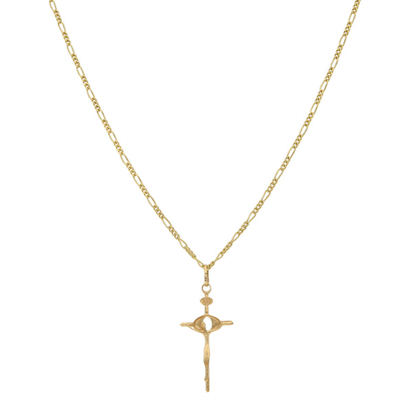 Collar de tres eslabones por uno y crucifijo diseño especial en oro amarillo 14 kilates.